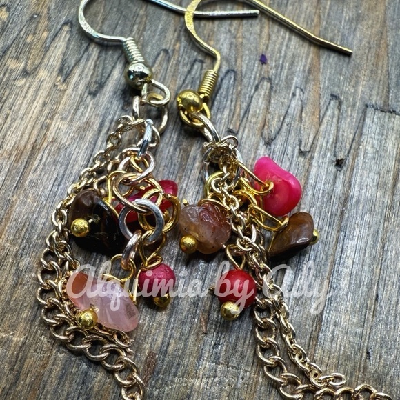 Gold and Pink Bohemian Earrings with Intricate Design gemstones - Picture 1 of 2